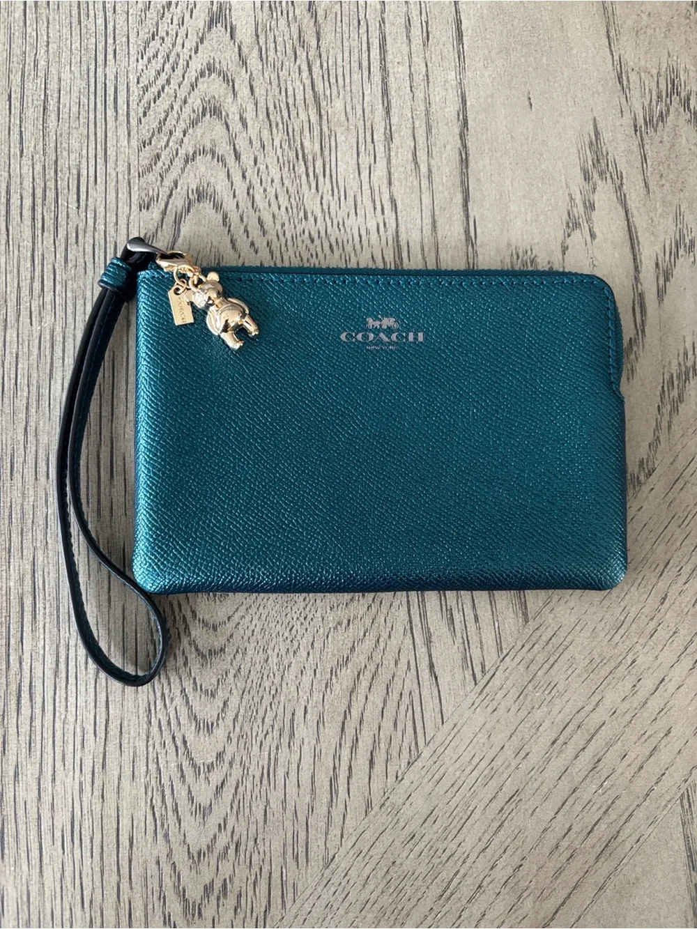 NWT Coach Metallic Teal Corner Zip Wristlet w/ Bear Charm